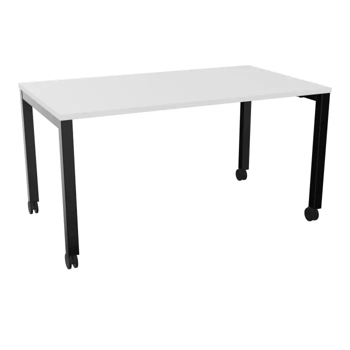 Table rectangulaire Arial L. 140 x P. 80 x H. 73,5 cm plateau mélamine blanc neige piètement arche carrée fixe métal lisse noir sur roulettes