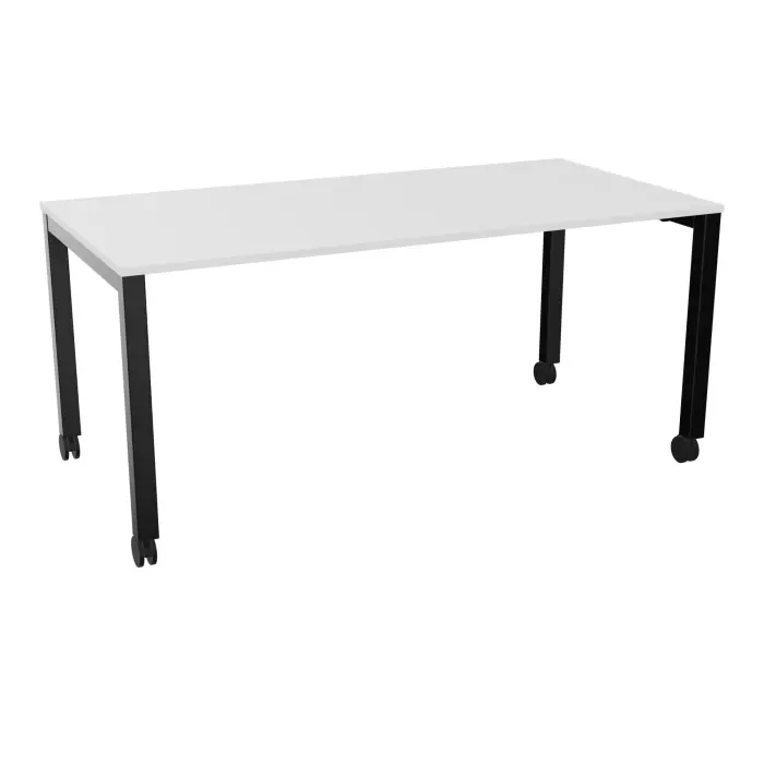 Table rectangulaire Arial L. 160 x P. 80 x H. 73,5 cm plateau nu ep. 19 mm mélamine blanc neige piètement arche carrée fixe métal lisse noir sur roulettes