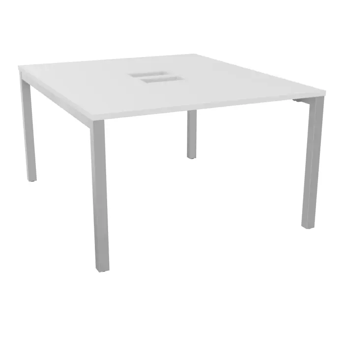 Table bench départ Arial L. 120 x P. 142 x H. 73,5 cm monoplateau découpé pour trappes mélamine blanc neige piètement arche carrée fixe métal lisse gris aluminium