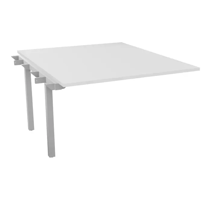 Bureau suivant Arial L. 120 cm x P. 142 cm percé pour obturateur EP25mm mélamine blanc neige pied intermédiaire fixe métal lisse gris aluminium