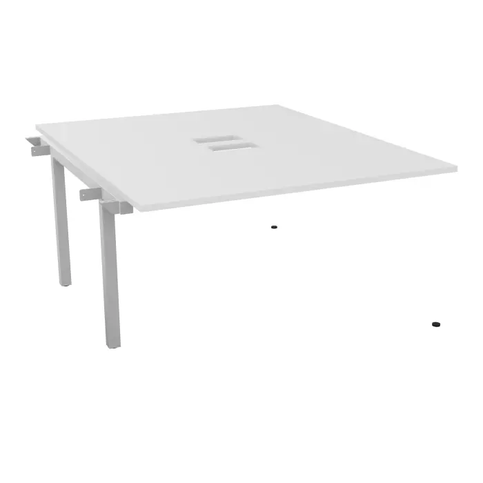Table bench suivant Arial L. 140 x P. 165 x H. 73,5 cm monoplateau découpé pour trappes mélamine blanc neige piètement arche carrée fixe métal lisse gris aluminium