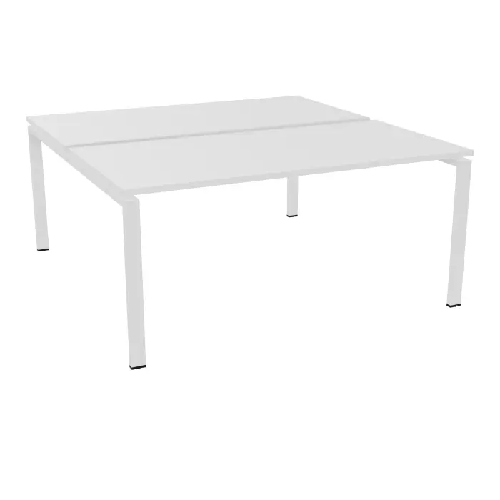 Bureau bench Conect L. 160 x P. 165 cm - 2 plateaux ép. 25 mm mélamine blanc neige - piétement arche rectangulaire fixe métal lisse blanc