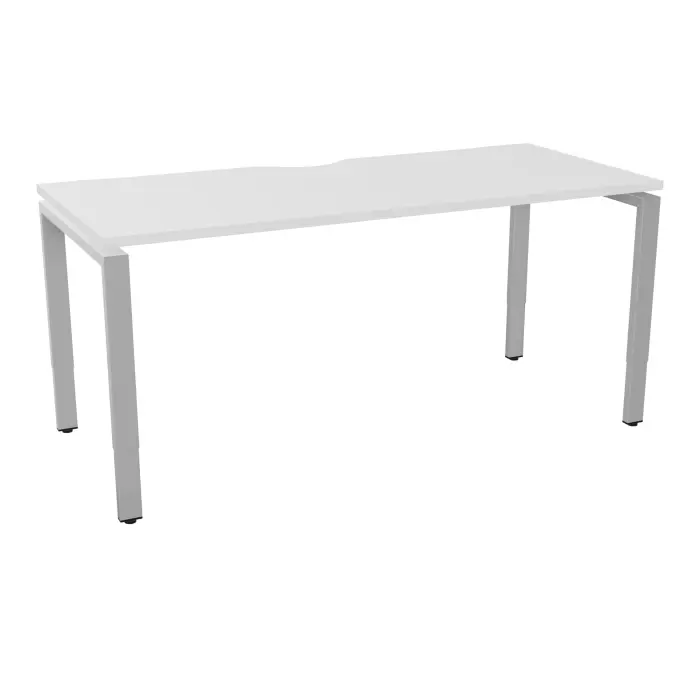 Table de bureau rectangulaire Conect avec échancrure L. 160 x P. 70 cm décor mélamine blanc neige sur pieds arche réglables en hauteur finition métal lisse gris aluminium