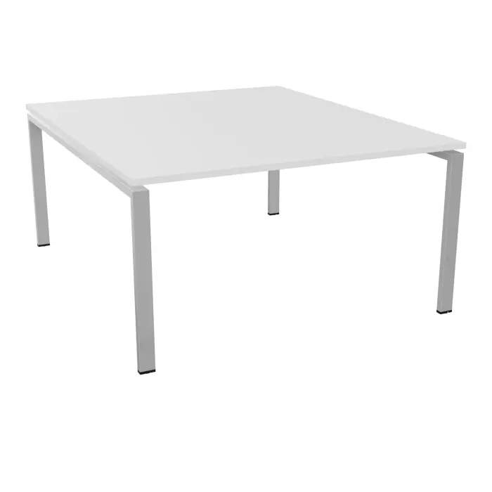 Bureau bench Conect L. 140 x P. 165 cm - monoplateau ép. 25 mm mélamine blanc neige - piétement arche rectangulaire fixe métal lisse gris aluminium