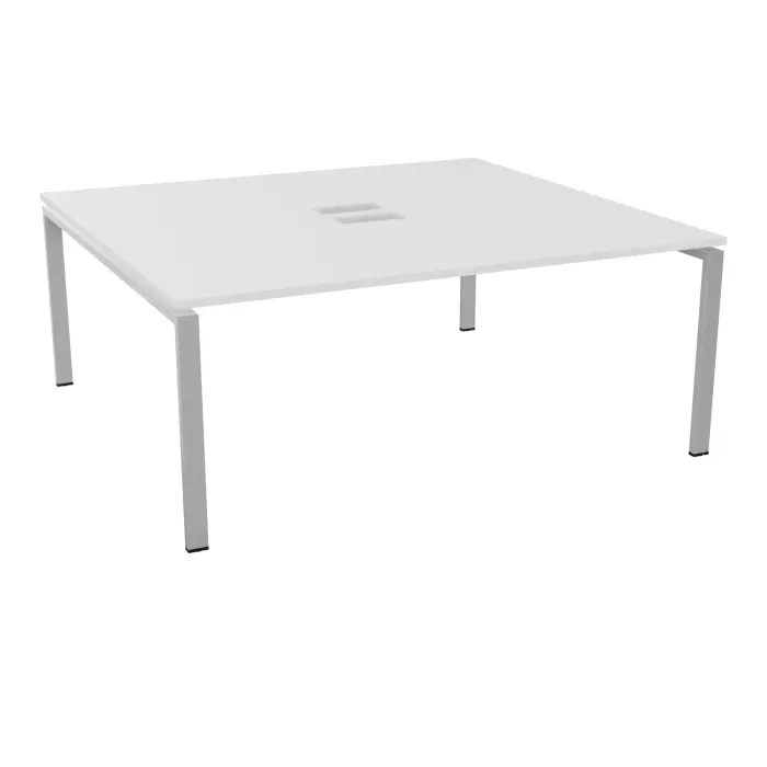 Bureau bench Conect L. 180 x P. 165 cm - monoplateau ép. 25 mm avec découpe pour trappes mélamine blanc neige - piétement arche rectangulaire fixe métal lisse gris aluminium