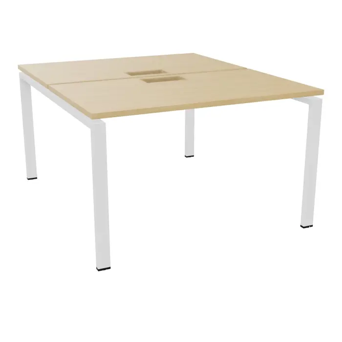 Bureau bench Conect L. 120 x P. 142 cm - 2 plateaux ép. 25 mm avec découpe pour trappes mélamine Chêne naturel - piétement arche rectangulaire fixe métal lisse blanc