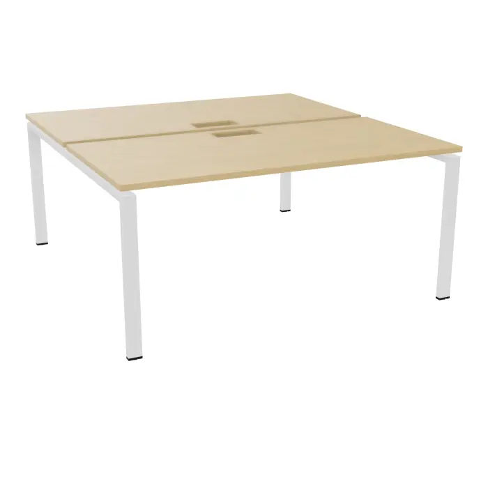 Bureau bench Conect L. 160 x P. 165 cm - 2 plateaux ép. 25 mm avec découpe pour trappes mélamine Chêne naturel - piétement arche rectangulaire fixe métal lisse blanc
