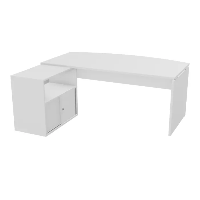 Bureau Forstyl avec meuble retour porteur à gauche plateau arqué L. 180 cm x P. 97 cm mélamine blanc neige piètements panneau mélamine blanc neige