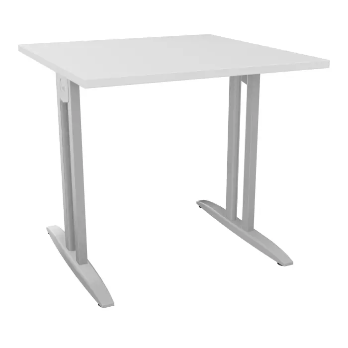 Table de bureau carré IdoL L. 80 x P. 80 cm décor mélamine blanc neige sur pieds I fixes centrés finition métal lisse gris aluminium avec traverse - sans carter