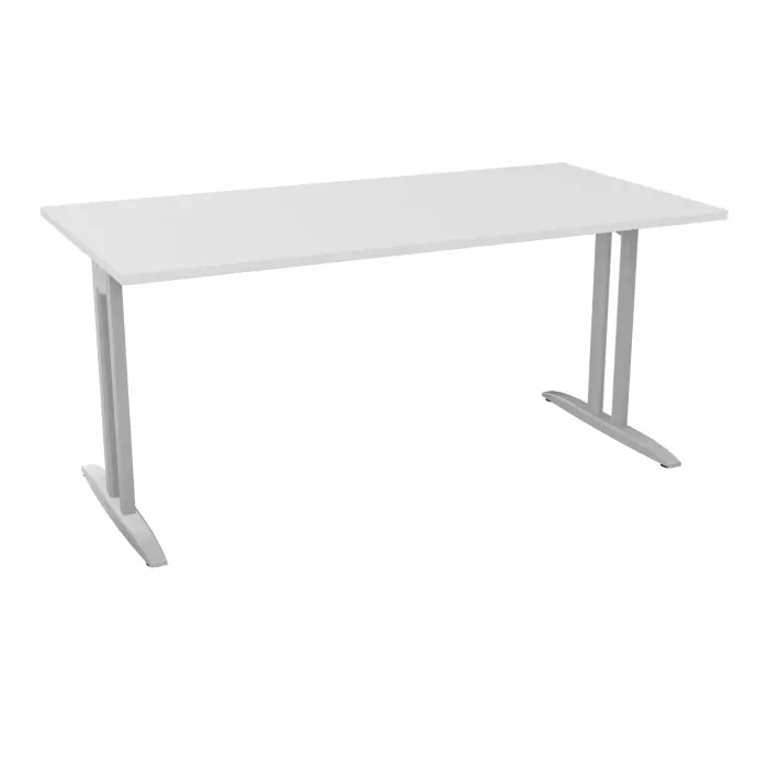 Table de bureau rectangulaire IdoL L. 160 x P. 80 cm décor blanc neige sur pieds I fixes centrés finition gris aluminiumavec traverse - sans carter