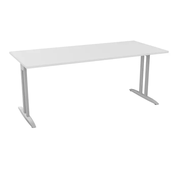 Table de bureau rectangulaire IdoL L. 180 x P. 80 cm décor blanc neige sur pieds I fixes centrés finition gris aluminiumavec traverse - sans carter