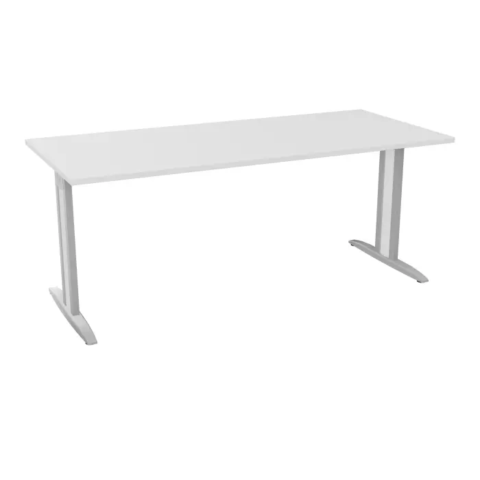 Table de bureau rectangulaire IdoL L. 180 x P. 80 cm décor blanc neige sur pieds I fixes centrés finition gris aluminium avec traverse - carter finition blanc