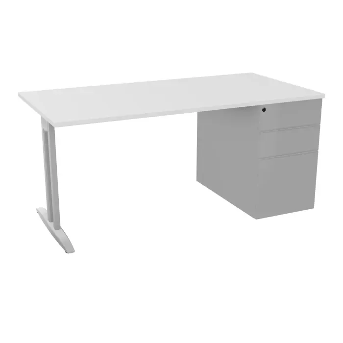 Table de bureau rectangulaire IdoL L. 160  x P. 80 cm décor blanc neige sur pied I fixe centré sans carter finition gris aluminium et caisson porteur à droite assorti