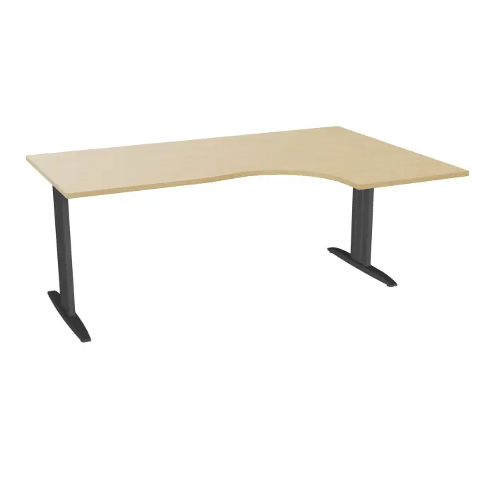 Bureau compact asymétrique 90° IdoL L. 180  x Rt. 60 cm et Retour à droite décor mélamine Chêne naturel sur pieds I fixes centrés et traverse finition métal structuré gris anthracite - carter métal structuré gr