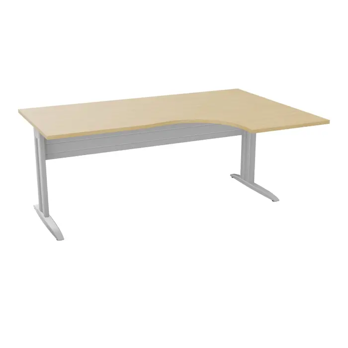Bureau compact asymétrique 90° IdoL L. 180  x Rt. 60 cm et Retour à droite décor mélamine Chêne naturel sur pieds fixes décentrés et voile de fond métallique finition métal lisse gris aluminium - carter métal l
