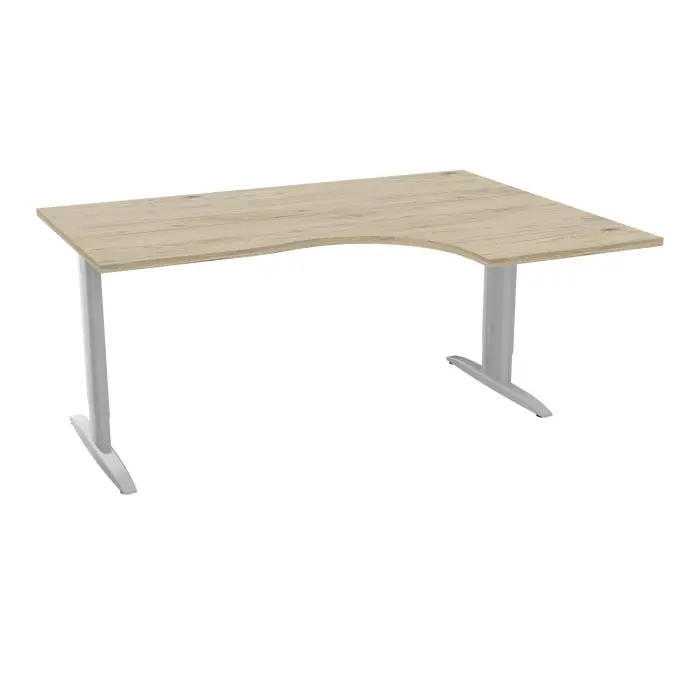 Bureau compact asymétrique 90° IdoL L. 160 x Rt. 60 cm et Retour à droite décor mélamine chêne Brunswick sur pieds I centrés réglables en hauteur et traverse finition métal lisse gris aluminium - carter finitio