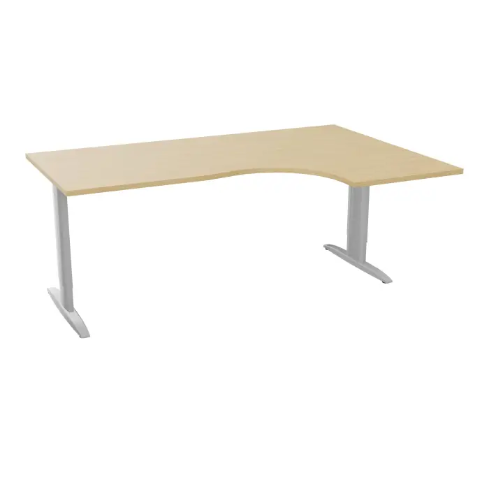 Bureau compact asymétrique 90° IdoL L. 180  x Rt. 60 cm et Retour à droite décor  mélamine Chêne naturel sur pieds I centrés réglables en hauteur et traverse finition métal lisse gris aluminium - carter finitio