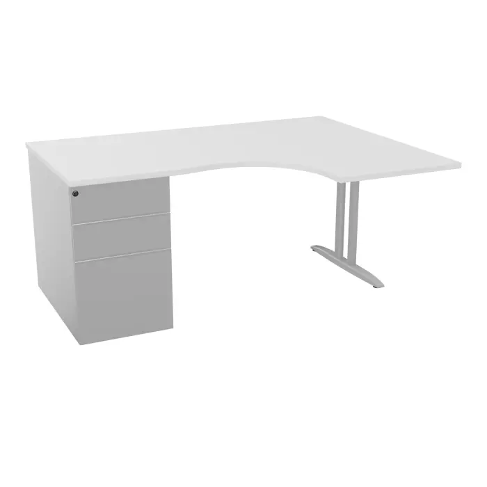 Bureau compact asymétrique 90° IdoL L. 160  x Rt. 60 cm - Retour à droite décor blanc neige sur pied fixe centré I finition gris aluminium - caisson porteur sans carter