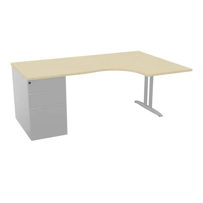 Bureau compact asymétrique 90° IdoL L. 180  x Rt. 60 cm - Retour à droite décor  mélamine pin maritime sur pied fixe centré I finition métal lisse gris aluminium - caisson porteur sans carter