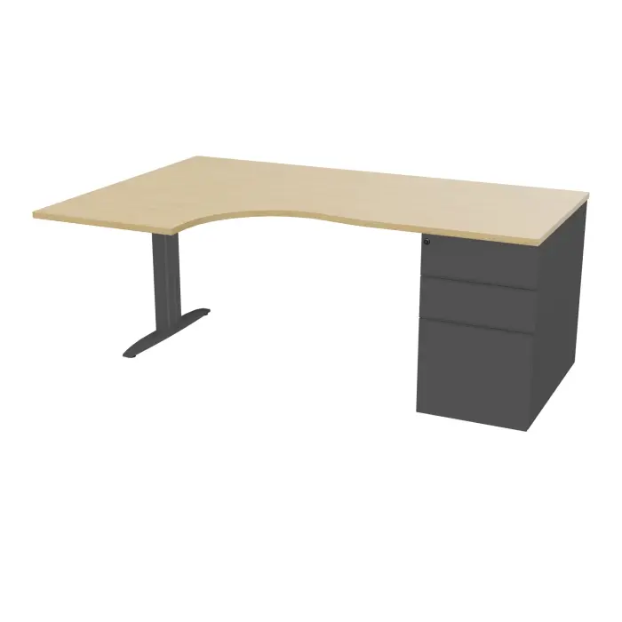 Bureau compact asymétrique 90° IdoL L. 180  x Rt. 60 cm - Retour à gauche décor mélamine Chêne naturel sur pied fixe centré I finition métal structuré gris anthracite - caisson porteur - carter métal structuré