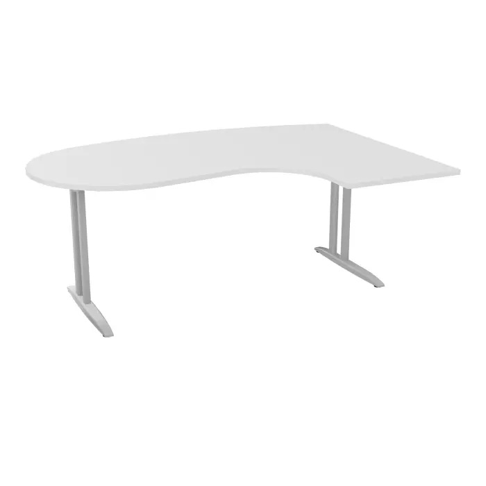 Bureau compact convivial 90° IdoL L. 180 x Rt 60 cm - retour à droite décor blanc neige sur pieds L fixes décentrés finition gris aluminiumavec traverse - sans carter