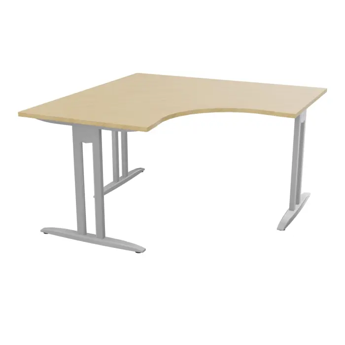 Bureau compact symétrique 90° IdoL L. 140 x L. 140 x Rt 80 cm - retour à gauche décor mélamine Chêne naturel prépercé obturateur sur pieds I fixes centrés finition métal lisse gris aluminium avec traverse - san