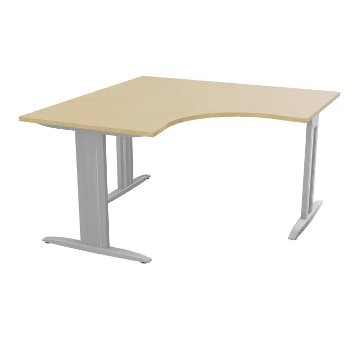 Bureau compact symétrique 90° IdoL L. 140 x L. 140 x Rt 80 cm - retour à gauche décor mélamine Chêne naturel prépercé obturateur sur pieds I fixes centrés métal lisse gris aluminium avec traverse  - carter méta