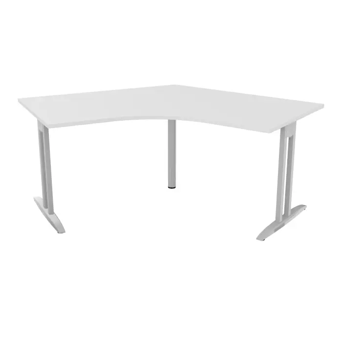 Bureau compact symétrique 120° IdoL L. 120 x L. 120 x Rt 80 cm décor mélamine blanc neige prépercé obturateur sur pieds I fixes centrés finition métal lisse gris aluminium avec traverse - sans carter
