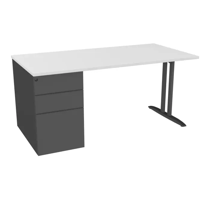 Table de bureau rectangulaire IdoL L. 160  x P. 80 cm décor blanc neige sur pied I fixe centré sans carter finition gris anthracite et caisson porteur à gauche assorti