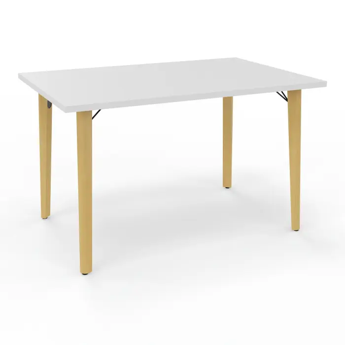 Robin table L. 120 cm x P. 80 cm mélamine blanc neige pré-percé pour obturateur pieds métal lisse noir/bois hêtre massif vernis