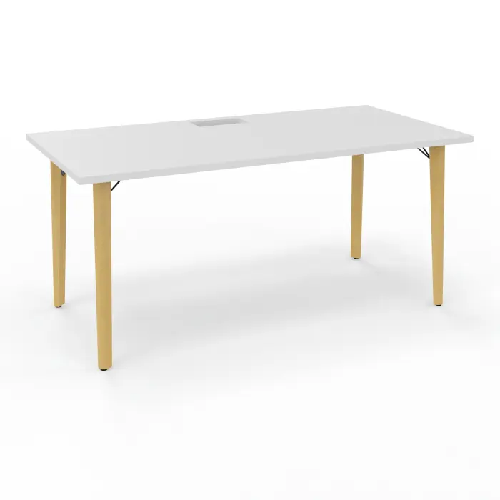 Robin table L. 160 cm x P. 80 cm mélamine blanc neige découpé trappe simple accès pieds métal lisse noir/bois hêtre massif vernis + goulotte