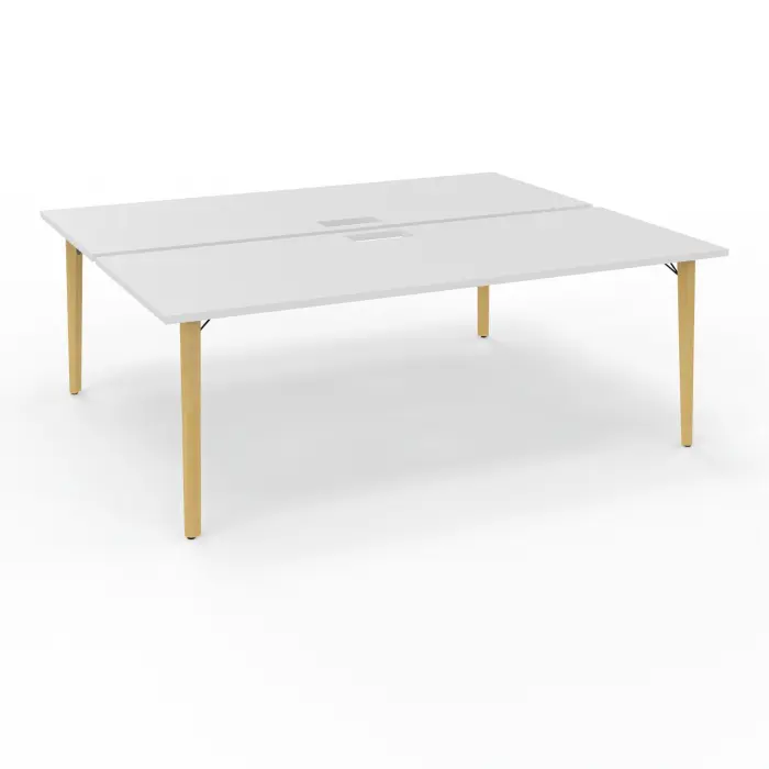 Robin tables départ doubles 2 plateaux L. 80 cm L. 200 cm x P. 165 mélamine blanc neige découpe trappe simple accès 4 pieds métal lisse noir/bois hêtre massif vernis