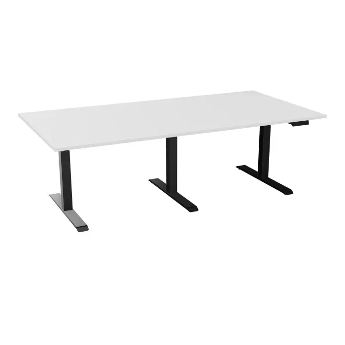 Table Axel 2 ovale L. 240 cm x P. 120 mélamine blanc neige pré percé 4 obturateurs pieds métal lisse noir boitier éléctrique avec commande numérique pour mémoire position + port usb