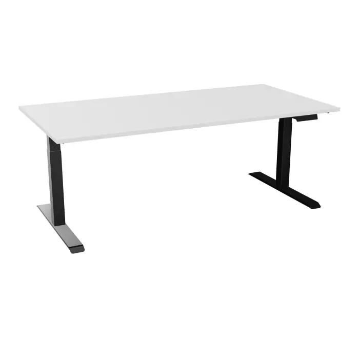 Bureau Axel 2 rectangulaire L. 200 cm x P. 100 cm mélamine blanc neige pré percé pour 2 obturateurs pieds métal lisse noir boitier éléctrique avec commande numérique pour mémoire position + port usb