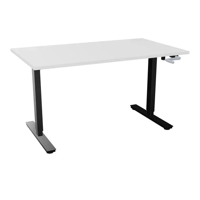 Axel 2 Bureau rectangulaire L. 140 x P. 80 cm plateau prépercé obt ep. 25 mm mélamine blanc neige structure métal lisse noir réglable en hauteur par manivelle