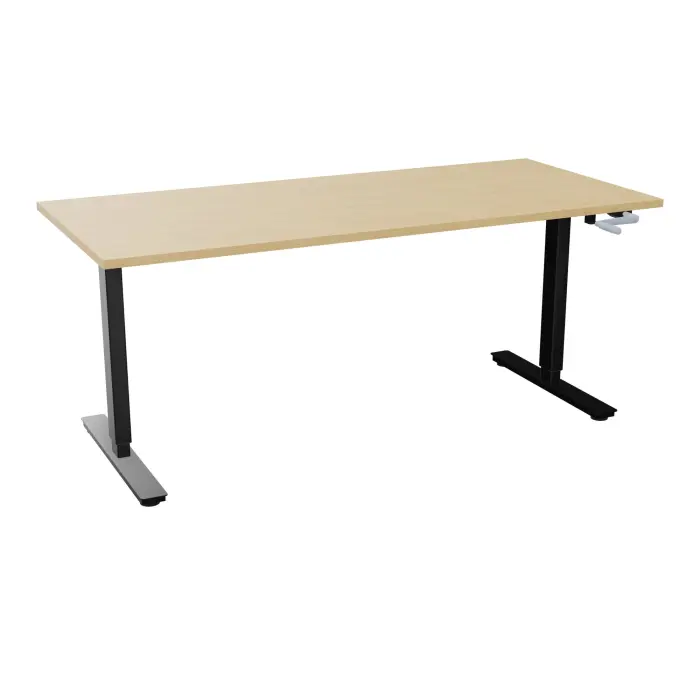 Axel 2 Bureau rectangulaire L. 180 x P. 80 cm plateau prépercé obt ep. 25 mm mélamine Chêne naturel structure métal lisse noir réglable en hauteur par manivelle