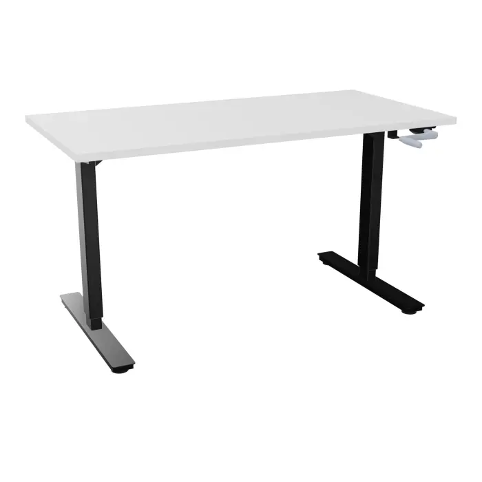 Axel 2 Bureau rectangulaire L. 140 x P. 70 cm plateau prépercé obt ep. 25 mm mélamine blanc neige structure métal lisse noir réglable en hauteur par manivelle