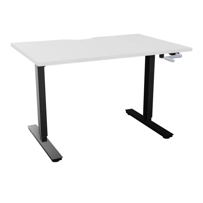 Axel 2 Bureau rectangulaire L. 120 x P. 80 cm plateau échancrure ep. 25 mm mélamine blanc neige structure métal lisse noir réglable en hauteur par manivelle
