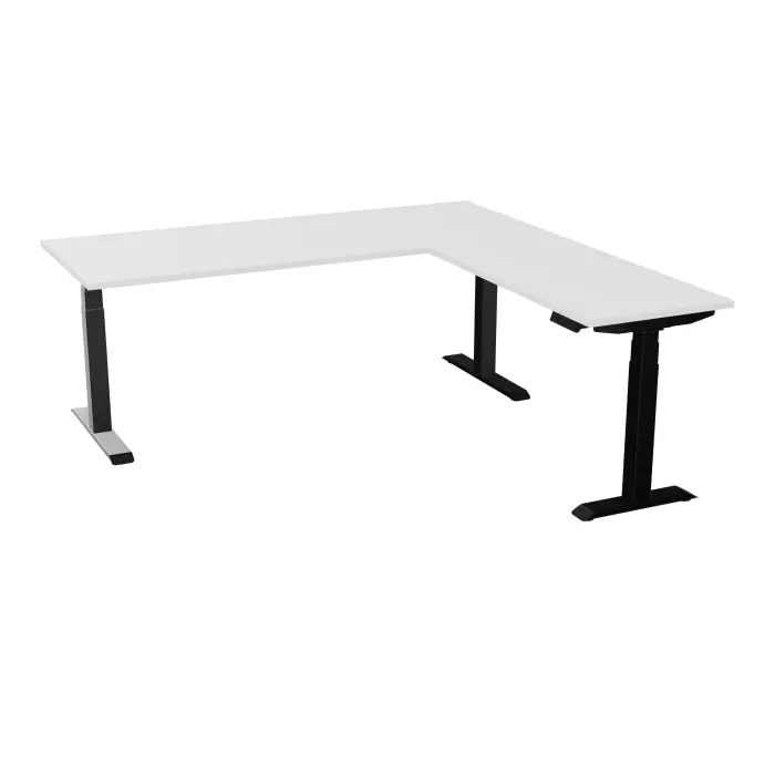 AXEL 2 Bureau rect L. 200 x P. 80 plateau prépercé obt ép. 25 mm + Rt P.60x120 mélamine blanc neige structure métal lisse noir motorisé Boitier 4 utilisateurs x 2 mémoires + USB