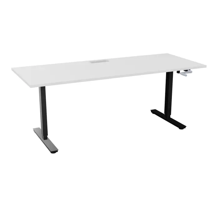 AXEL 2 bureau rect L. 200 x P. 80 plateau découpé trappe ép. 25 mm + goul mélamine blanc neige structure métal lisse noir réglable en hauteur par manivelle