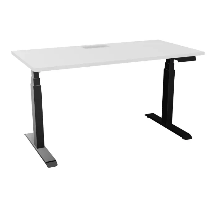 AXEL 2 Bureau rectangulaire L. 140 x P. 70 plateau découpé trappe ep. 25 mm + goul mélamine blanc neige structure métal lisse noir motorisé Boitier 4 utilisateurs x 2 mémoires + USB