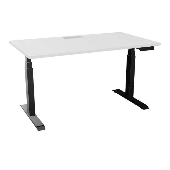 AXEL 2 Bureau rectangulaire L. 140 x P. 80 plateau découpé trappe ep. 25 mm + goul mélamine blanc neige structure métal lisse noir motorisé Boitier 4 utilisateurs x 2 mémoires + USB