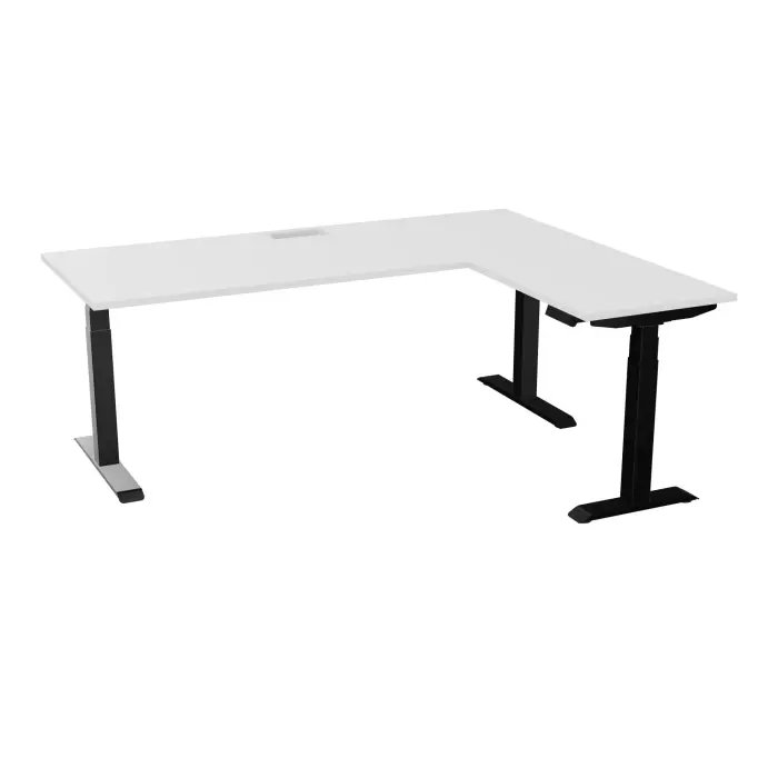 AXEL 2 Bureau rect L. 200 x P. 80 plateau découpé trappe ép. 25 mm + goul + Rt P.60x80 mélamine blanc neige structure métal lisse noir motorisé Boitier 4 utilisateurs x 2 mémoires + USB