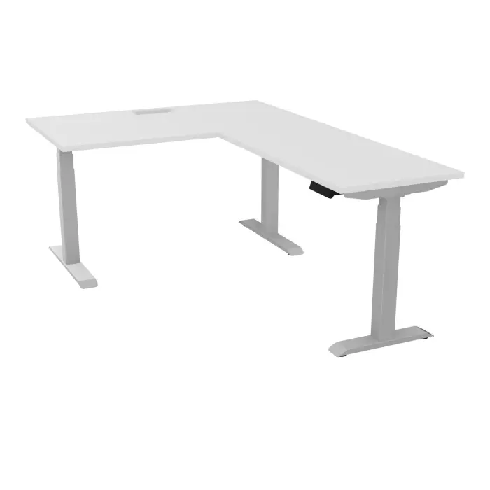 AXEL 2 Bureau rect L. 140 x P. 80 plateau découpé trappe ép. 25 mm + goul + Rt P.60x120 mélamine blanc neige structure métal lisse gris argent motorisé Boitier 4 utilisateurs x 2 mémoires + USB