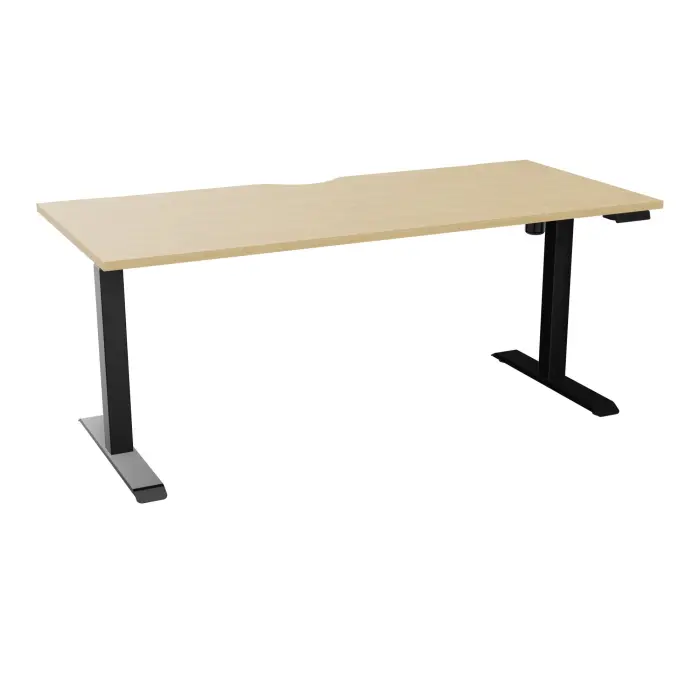 Bureau rectangulaire Lutz 2 L. 180 cm x P. 80 cm plateau échancré épaisseur 25 mm Chêne naturel piètements I section carrée 70x70mm motorisés réglables en hauteur avec boîtier de commande 3 positions métal liss