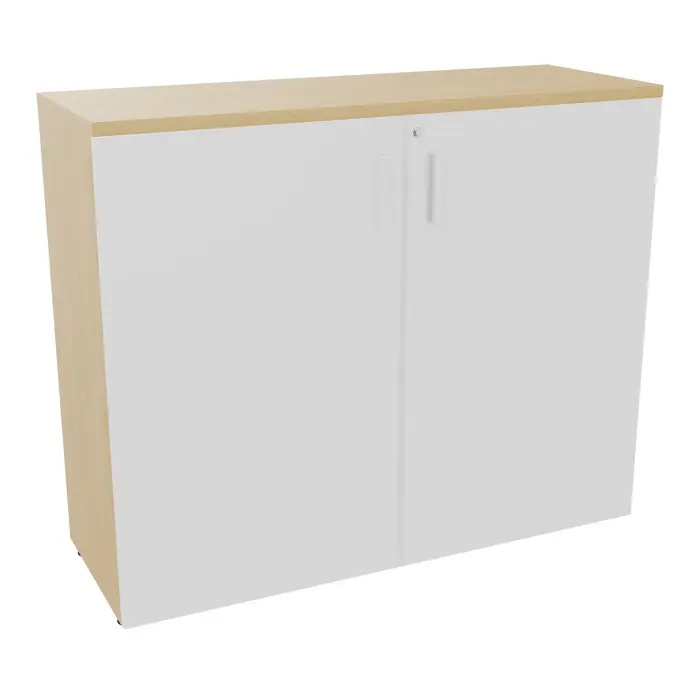 Armoire mélamine Armand 2 tablettes H. 100 x L. 120 x P. 43,2 cm corps et top finition mélamine Chêne naturel avec 2 portes soft-closing mélamine blanc neige - poignées métal lisse blanc