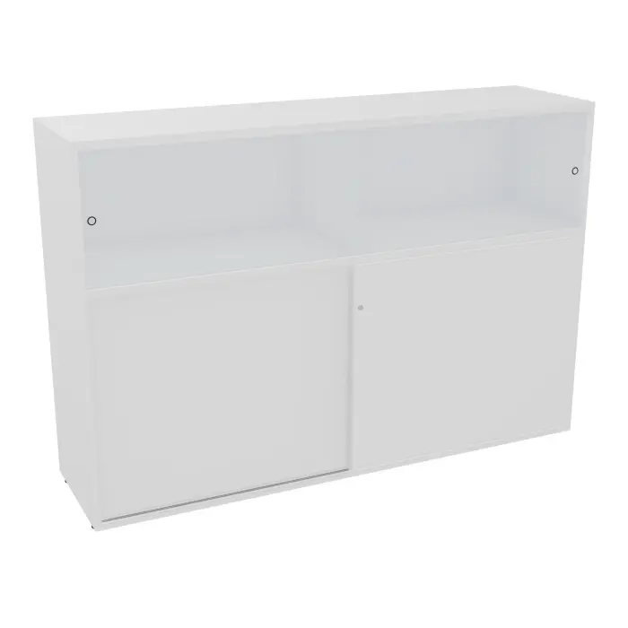 Meuble comptoir séparateur Armand H. 113,5 x L. 165 x P. 43,2 cm - 2 tablettes - corps mélamine blanc neige - portes mélamine blanc neige/Altuglas blanc - poignées métal gris aluminium