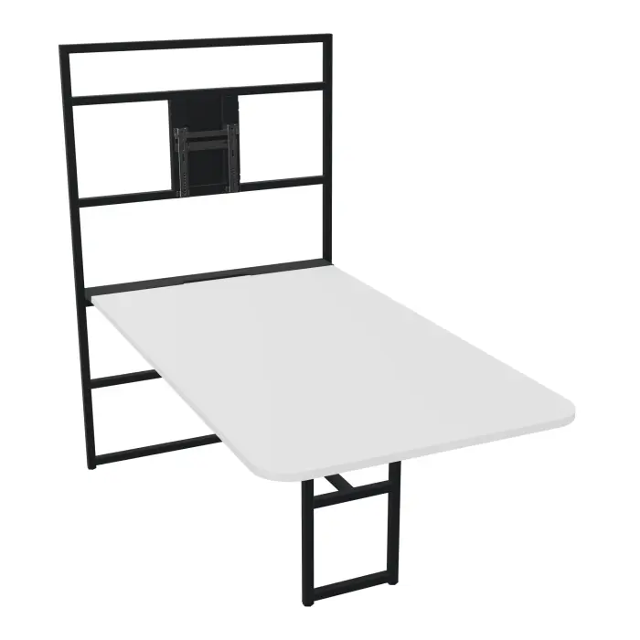 Table Alma réhausse support TV H. 74 cm/165 cm x L. 100 cm x P. 180 cm épaisseur 25mm mélamine blanc neige pietements métal structuré noir avec goulotte + capot pivotant + gain zippée L. 75 cm