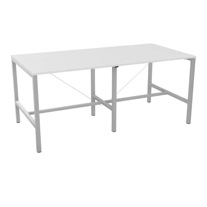 Table rectangulaire 8/10P Arial L. 240 cm x P. 120 cm x H. 104,5 prépercé obturateur au centre mélamine blanc neige pied arche carrée fixe avec repose pied métal lisse gris aluminium