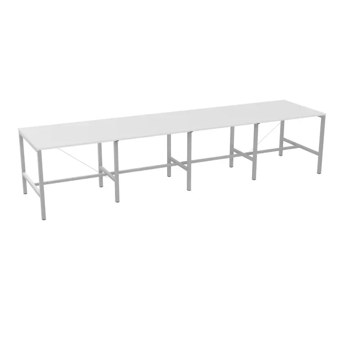 Table rectangulaire 16/18P Arial L. 480 cm x P. 120 cm x H. 104,5 prépercé obturateur au centre mélamine blanc neige pied arche carrée fixe avec repose pied métal lisse gris aluminium